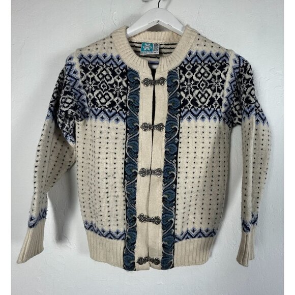 Norsewear Sweaters - Vintage Norsewear Womens Cardigan Sweater 34 Wool Blue/Ivory Metal Nordic Clasp